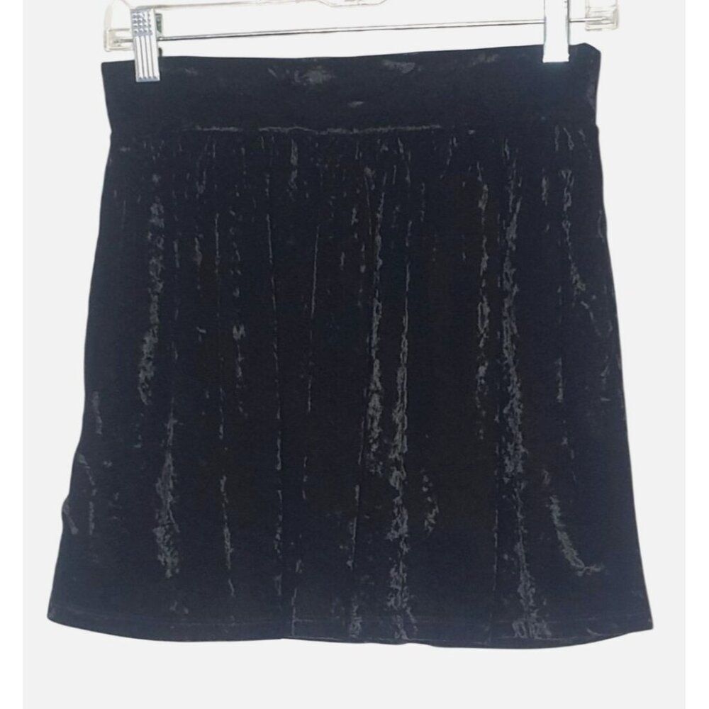 L'Amour Womens Velvet Mini Skirt M Black Crushed Elastic Flowy Lined Skater
